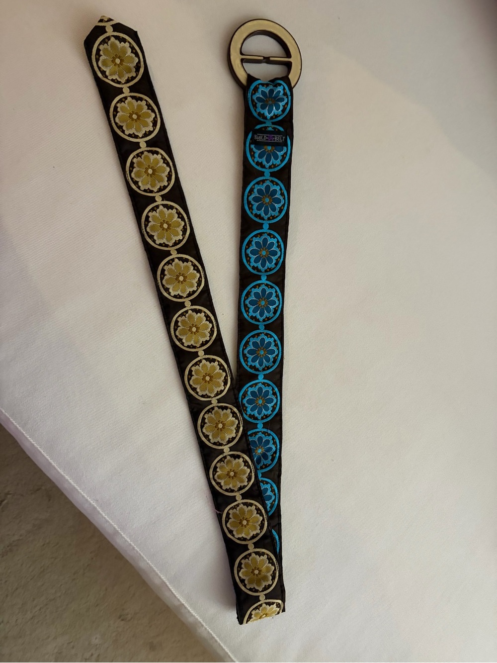 Blue Floral Embroidered Black Belt with Gold Ring